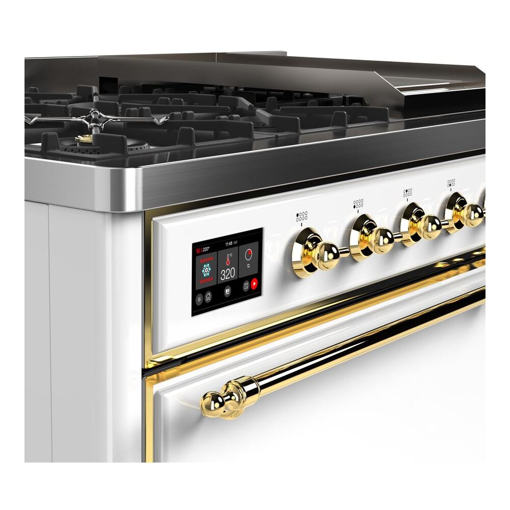 ILVE UM12F Majestic II 48 inch Dual Fuel Range with 8 Black Brass Burners, Griddle