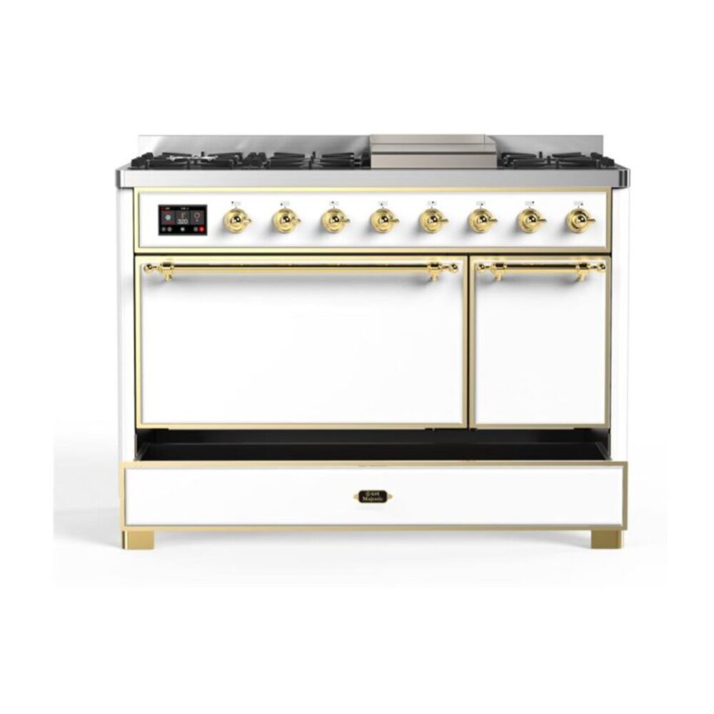 ILVE UM12F Majestic II 48 inch Dual Fuel Range with 8 Black Brass Burners, Griddle