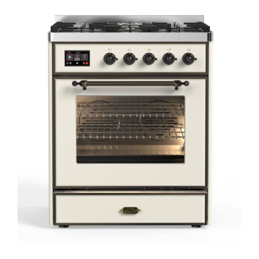 ILVE UM30DNE3AWB Majestic II 30 inch Dual Fuel Range with 5 Black Brass Burners (Natural Gas, Triple Glass Door, Antique White, Burnished) 1 UM30DNE3AWB