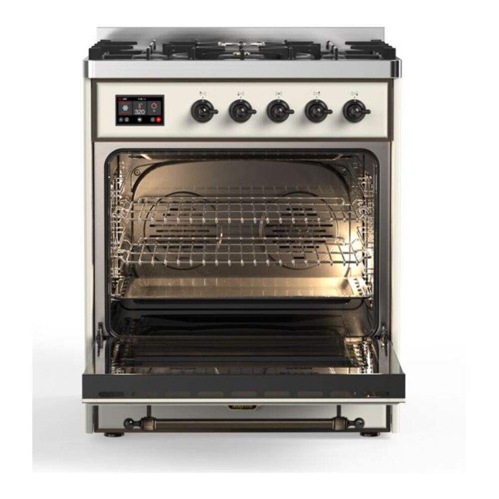 ILVE UM30DNE3AWB Majestic II 30 inch Dual Fuel Range with 5 Black Brass Burners (Natural Gas, Triple Glass Door, Antique White, Burnished) 5 ILVE_UM30DNE3AWB_Majestic_II_30"_Dual_Fuel_Range_door opened