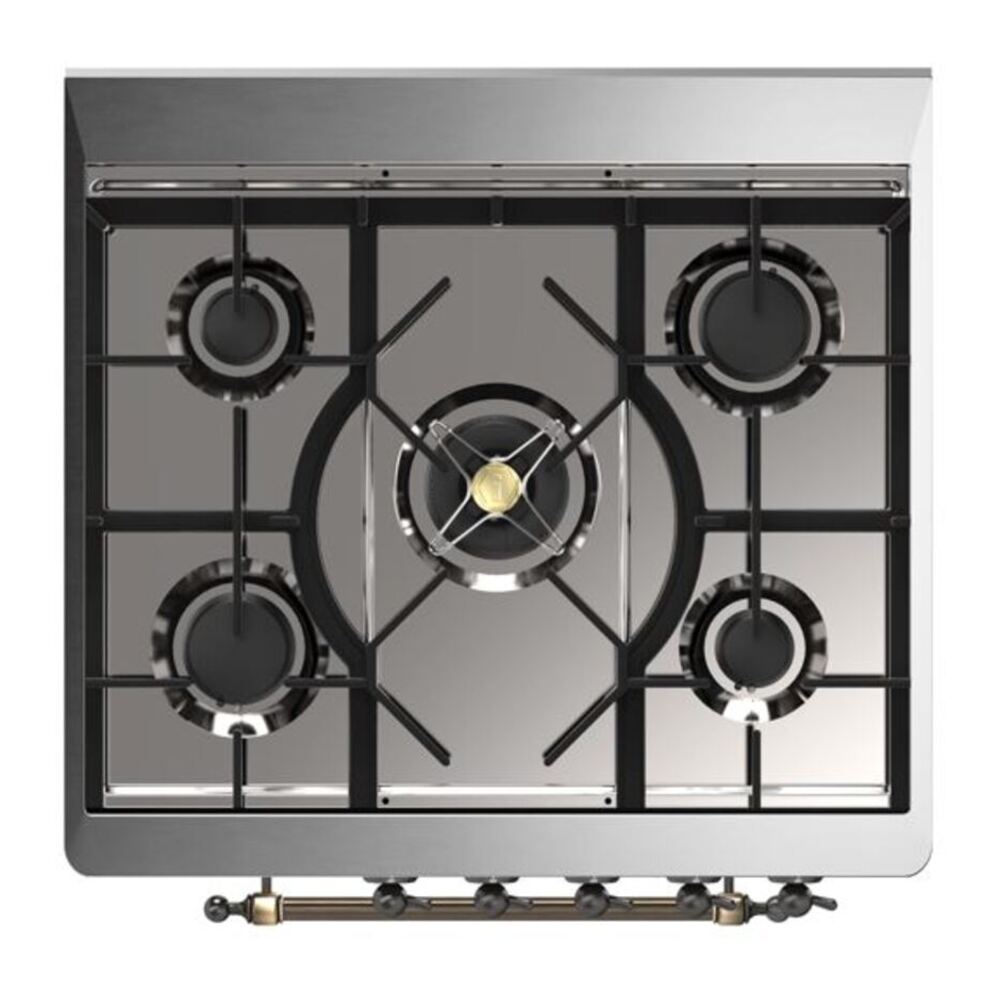 ILVE UM30DNE3AWB Majestic II 30 inch Dual Fuel Range with 5 Black Brass Burners (Natural Gas, Triple Glass Door, Antique White, Burnished) 6 ILVE_UM30DNE3AWB_Majestic_II_30"_Dual_Fuel_Range_Top_Angle