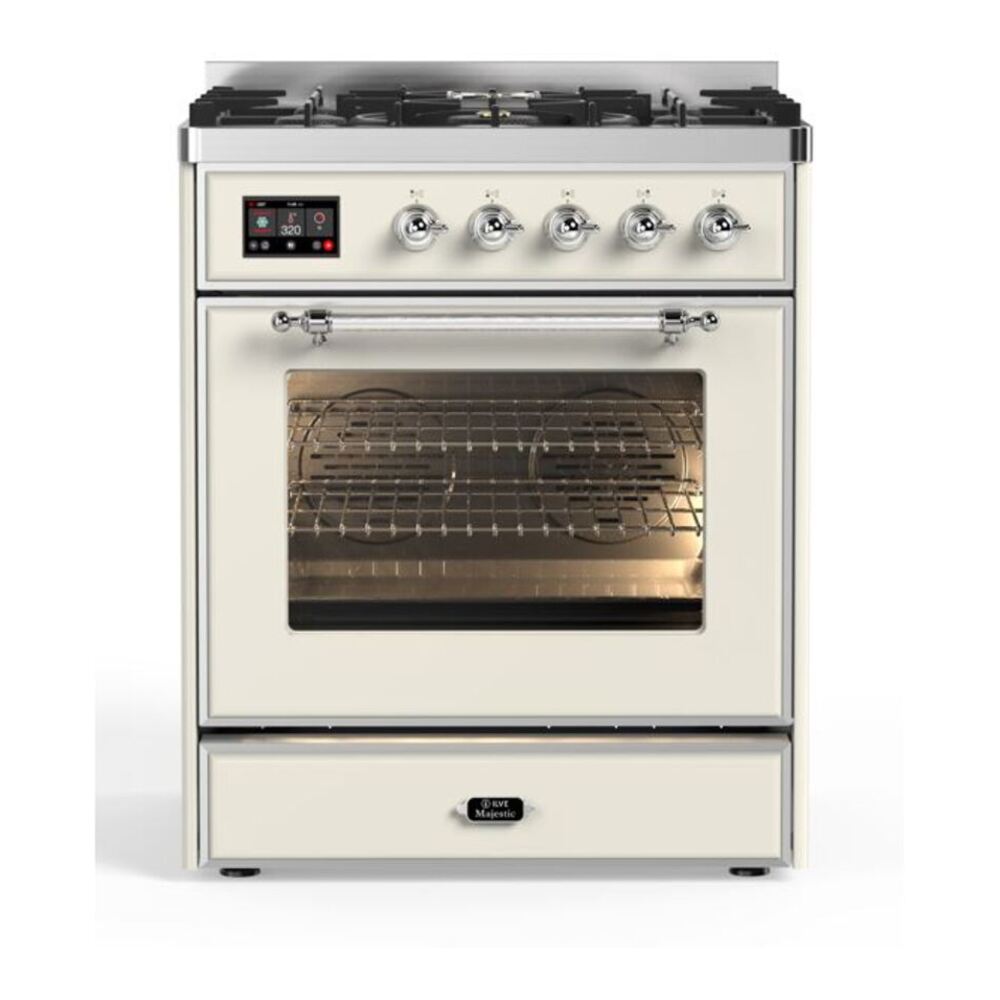 ILVE UM30DNE3AWC Majestic II 30 inch Dual Fuel Range with 5 Black Brass Burners (Natural Gas, Triple Glass Door, Antique White, Chrome) 1 UM30DNE3AWC
