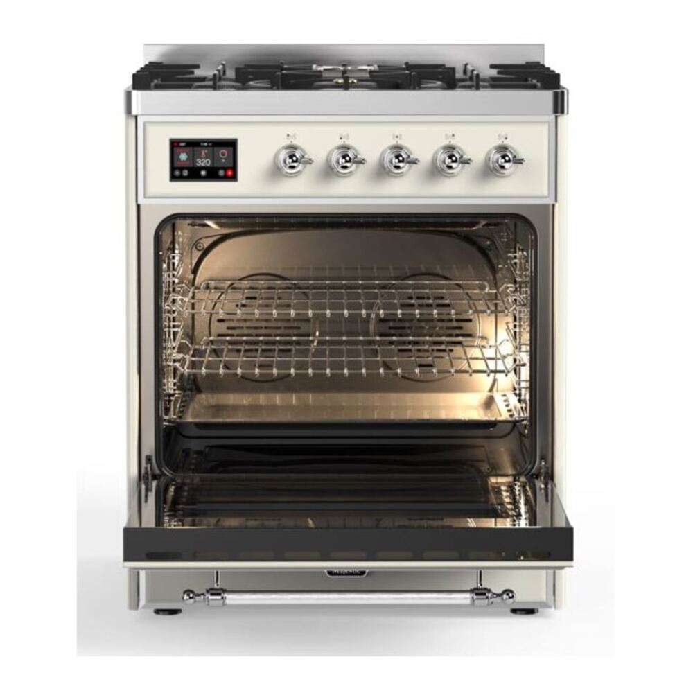 ILVE UM30DNE3AWC Majestic II 30 inch Dual Fuel Range with 5 Black Brass Burners (Natural Gas, Triple Glass Door, Antique White, Chrome) 5 ILVE_UM30DNE3AWC_Majestic_II_30_Dual_Fuel_Range_Front_View