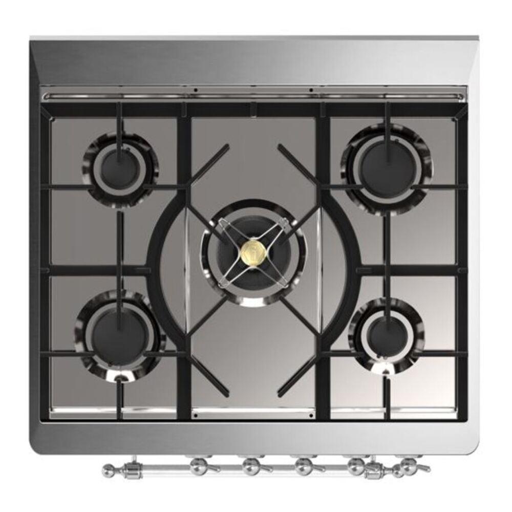 ILVE UM30DNE3AWC Majestic II 30 inch Dual Fuel Range with 5 Black Brass Burners (Natural Gas, Triple Glass Door, Antique White, Chrome) 7 ILVE_UM30DNE3AWC_Majestic_II_30_Dual_Fuel_Range_Top_Angle