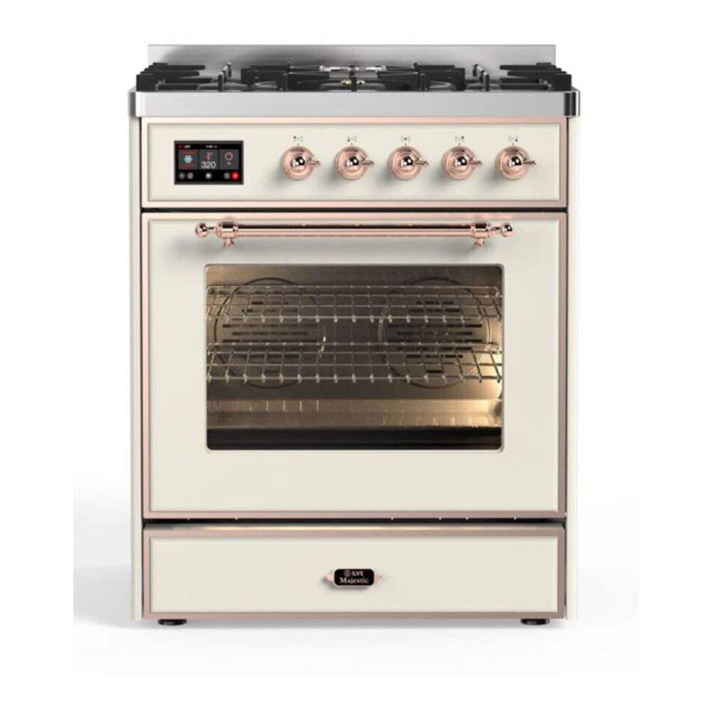 ILVE UM30DNE3AWP Majestic II 30 inch Dual Fuel Range with 5 Black Brass Burners (Natural Gas, Triple Glass Door, Antique White, Copper) 1 UM30DNE3AWP