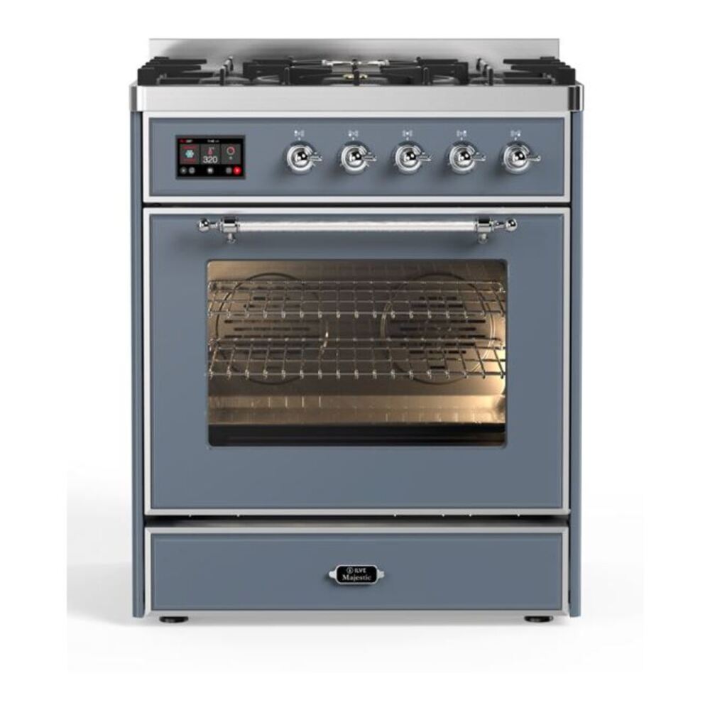 ILVE UM30DNE3BGC Majestic II 30 inch Dual Fuel Range with 5 Black Brass Burners (Natural Gas, Triple Glass Door, Blue Grey, Chrome) 1 UM30DNE3BGC