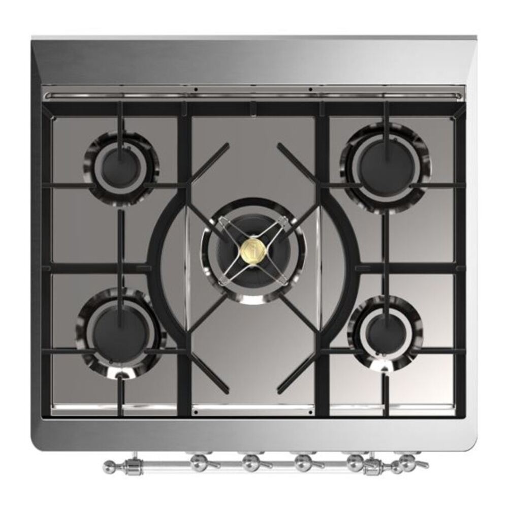 ILVE UM30DNE3BGC Majestic II 30 inch Dual Fuel Range with 5 Black Brass Burners (Natural Gas, Triple Glass Door, Blue Grey, Chrome) 8 ILVE_UM30DNE3BGC_Majestic_II_30_Dual_Fuel_Range_Top_Angle
