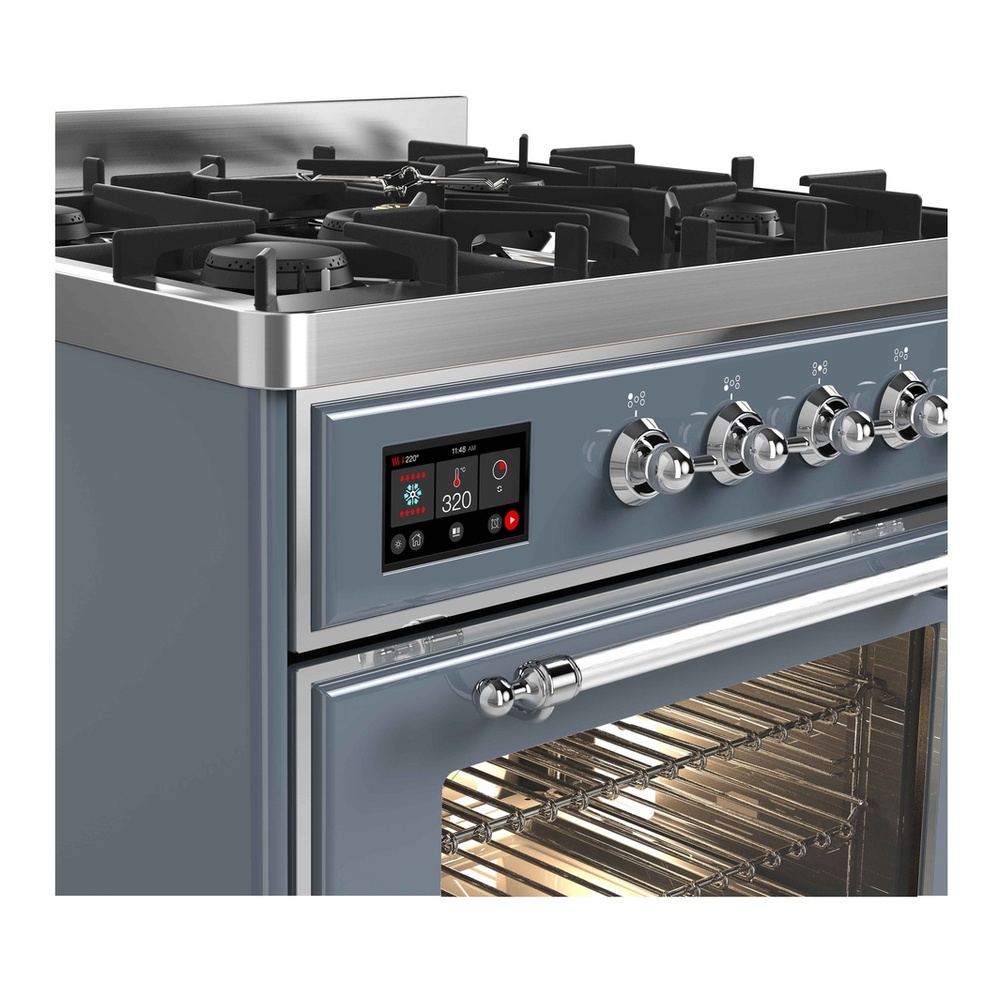 ILVE UM30DNE3BGC Majestic II 30 inch Dual Fuel Range with 5 Black Brass Burners (Natural Gas, Triple Glass Door, Blue Grey, Chrome) 6 ILVE_UM30DNE3BGC_Majestic_II_30"_Dual_Fuel_Range_front