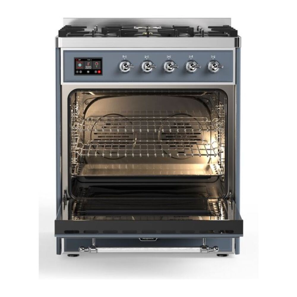 ILVE UM30DNE3BGC Majestic II 30 inch Dual Fuel Range with 5 Black Brass Burners (Natural Gas, Triple Glass Door, Blue Grey, Chrome) 5 ILVE_UM30DNE3BGC_Majestic_II_30"_Dual_Fuel_Range_oven_opened