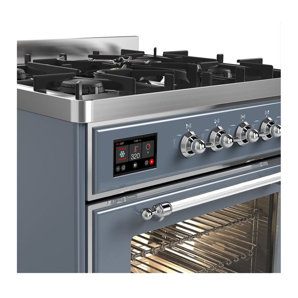 ILVE UM30DNE3BGC Majestic II 30 inch Dual Fuel Range with 5 Black Brass Burners (Natural Gas, Triple Glass Door, Blue Grey, Chrome) 7 ILVE_UM30DNE3BGC_Majestic_II_30"_Dual_Fuel_Range_controls