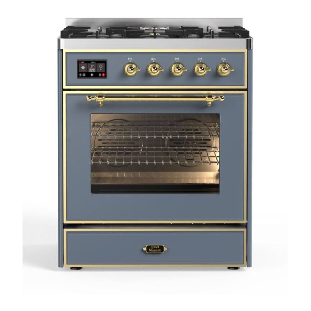 ILVE UM30DNE3BGG Majestic II 30 inch Dual Fuel Range with 5 Black Brass Burners (Natural Gas, Triple Glass Door, Blue Grey, Brass) 1 UM30DNE3BGG