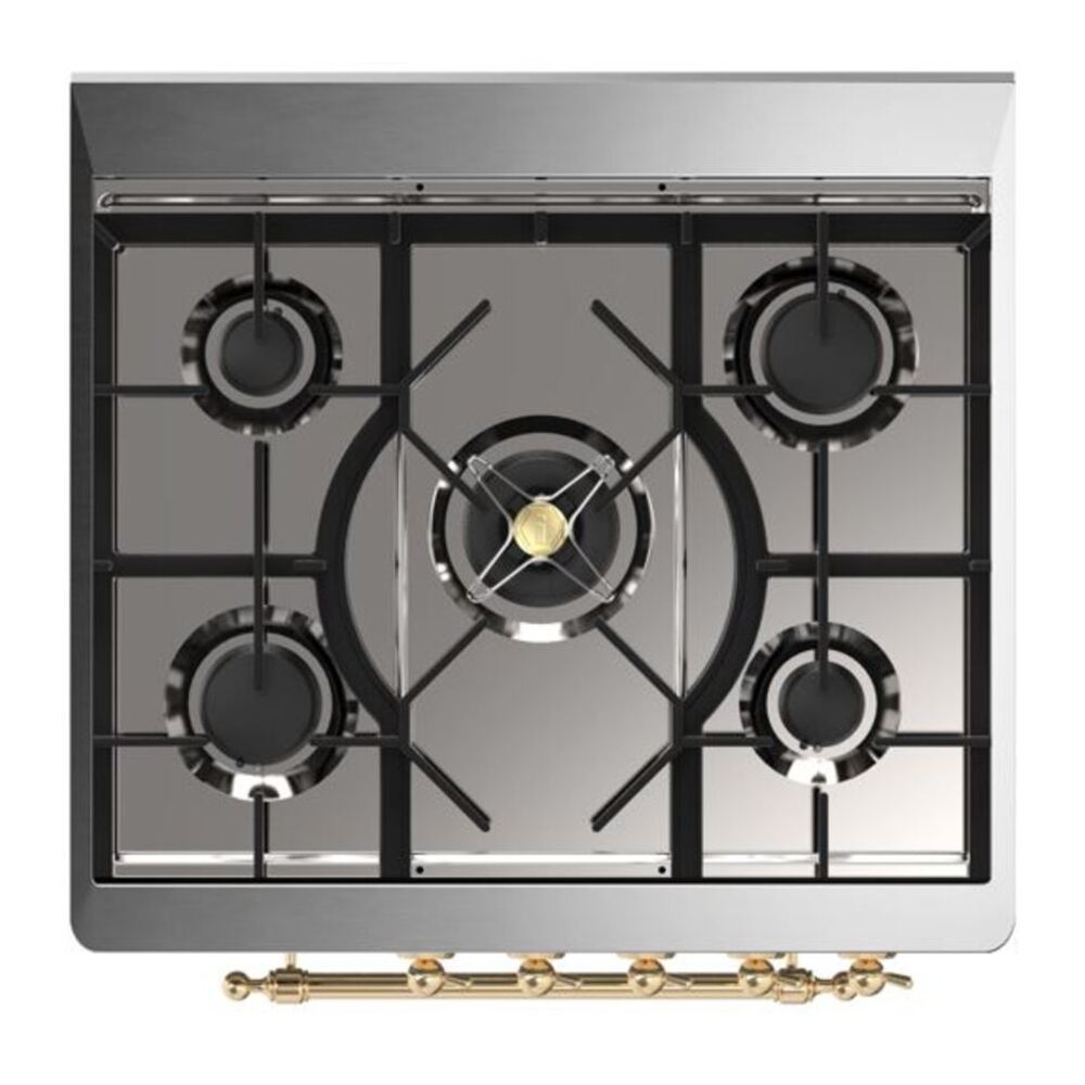 ILVE UM30DNE3BGG Majestic II 30 inch Dual Fuel Range with 5 Black Brass Burners (Natural Gas, Triple Glass Door, Blue Grey, Brass) 7 ILVE_UM30DNE3BGG_Majestic_II_30_Dual_Fuel_Range_Top_Angle