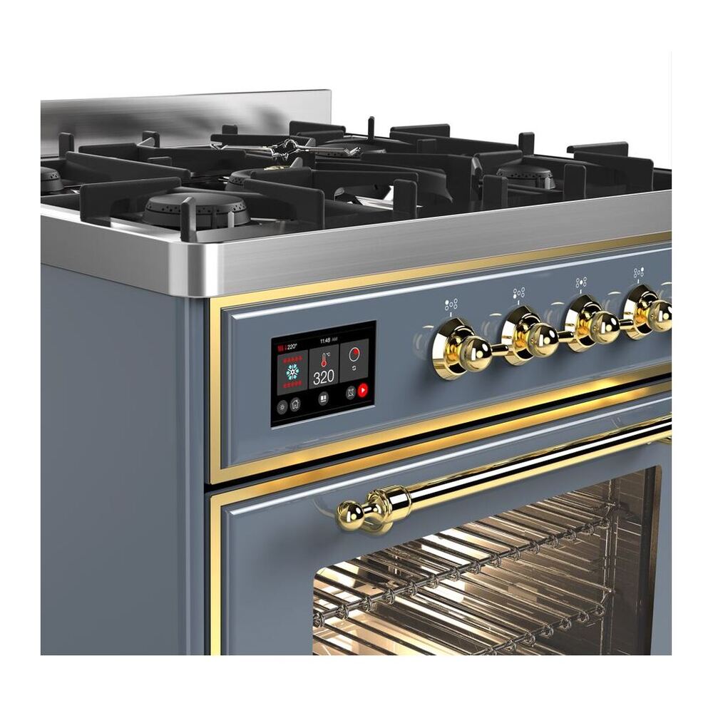 ILVE UM30DNE3BGG Majestic II 30 inch Dual Fuel Range with 5 Black Brass Burners (Natural Gas, Triple Glass Door, Blue Grey, Brass) 6 ILVE_UM30DNE3BGG_Majestic_II_30"_Dual_Fuel_Range_front
