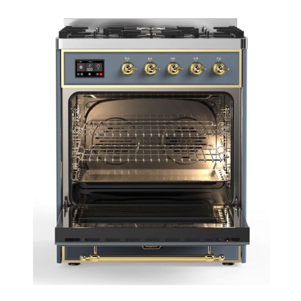 ILVE UM30DNE3BGG Majestic II 30 inch Dual Fuel Range with 5 Black Brass Burners (Natural Gas, Triple Glass Door, Blue Grey, Brass) 5 ILVE_UM30DNE3BGG_Majestic_II_30"_Dual_Fuel_Range_oven_opened