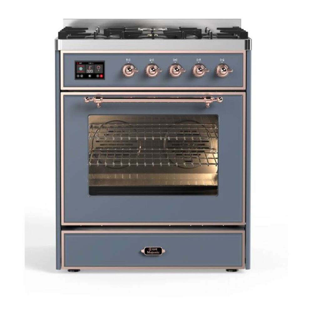ILVE UM30DNE3BGP Majestic II 30 inch Dual Fuel Range with 5 Black Brass Burners (Natural Gas, Triple Glass Door, Blue Grey, Copper) 1 UM30DNE3BGP