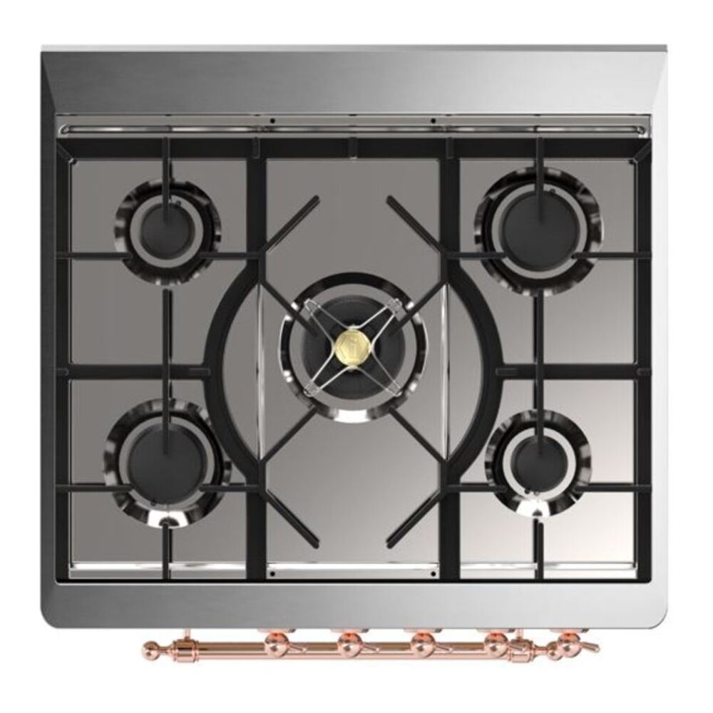ILVE UM30DNE3BGP Majestic II 30 inch Dual Fuel Range with 5 Black Brass Burners (Natural Gas, Triple Glass Door, Blue Grey, Copper) 7 ILVE_UM30DNE3BGP_Majestic_II_30_Dual_Fuel_Range_Top_Angle
