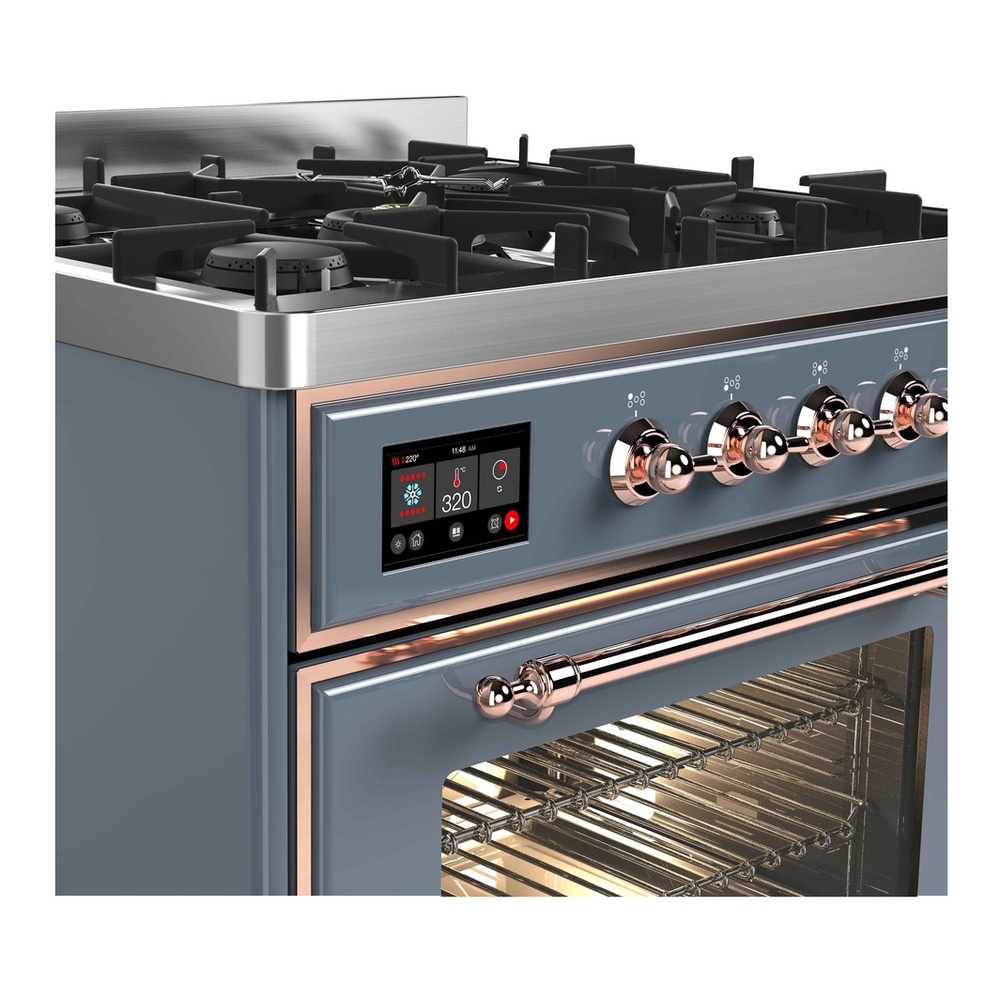 ILVE UM30DNE3BGP Majestic II 30 inch Dual Fuel Range with 5 Black Brass Burners (Natural Gas, Triple Glass Door, Blue Grey, Copper) 6 ILVE_UM30DNE3BGP_Majestic_II_30"_Dual_Fuel_Range_front