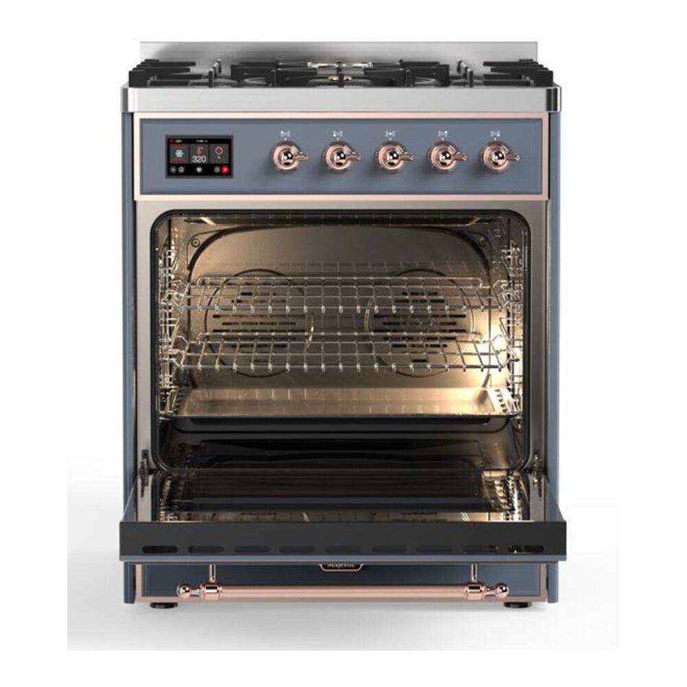 ILVE UM30DNE3BGP Majestic II 30 inch Dual Fuel Range with 5 Black Brass Burners (Natural Gas, Triple Glass Door, Blue Grey, Copper) 5 ILVE_UM30DNE3BGP_Majestic_II_30"_Dual_Fuel_Range_oven_opened
