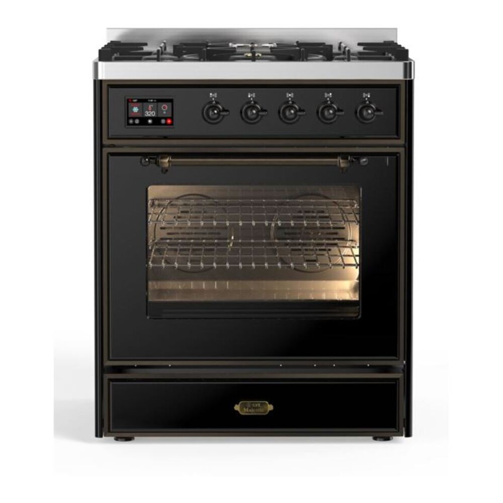 ILVE UM30DNE3BKB Majestic II 30 inch Dual Fuel Range with 5 Black Brass Burners (Natural Gas, Triple Glass Door, Glossy Black, Burnished) 1 UM30DNE3BKB