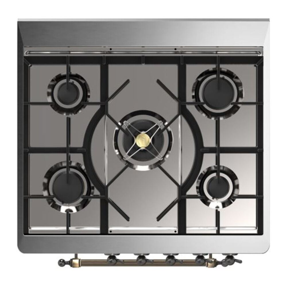 ILVE UM30DNE3BKB Majestic II 30 inch Dual Fuel Range with 5 Black Brass Burners (Natural Gas, Triple Glass Door, Glossy Black, Burnished) 7 ILVE_UM30DNE3BKB_Majestic_II_30"_Dual_Fuel_Range_Top_Angle