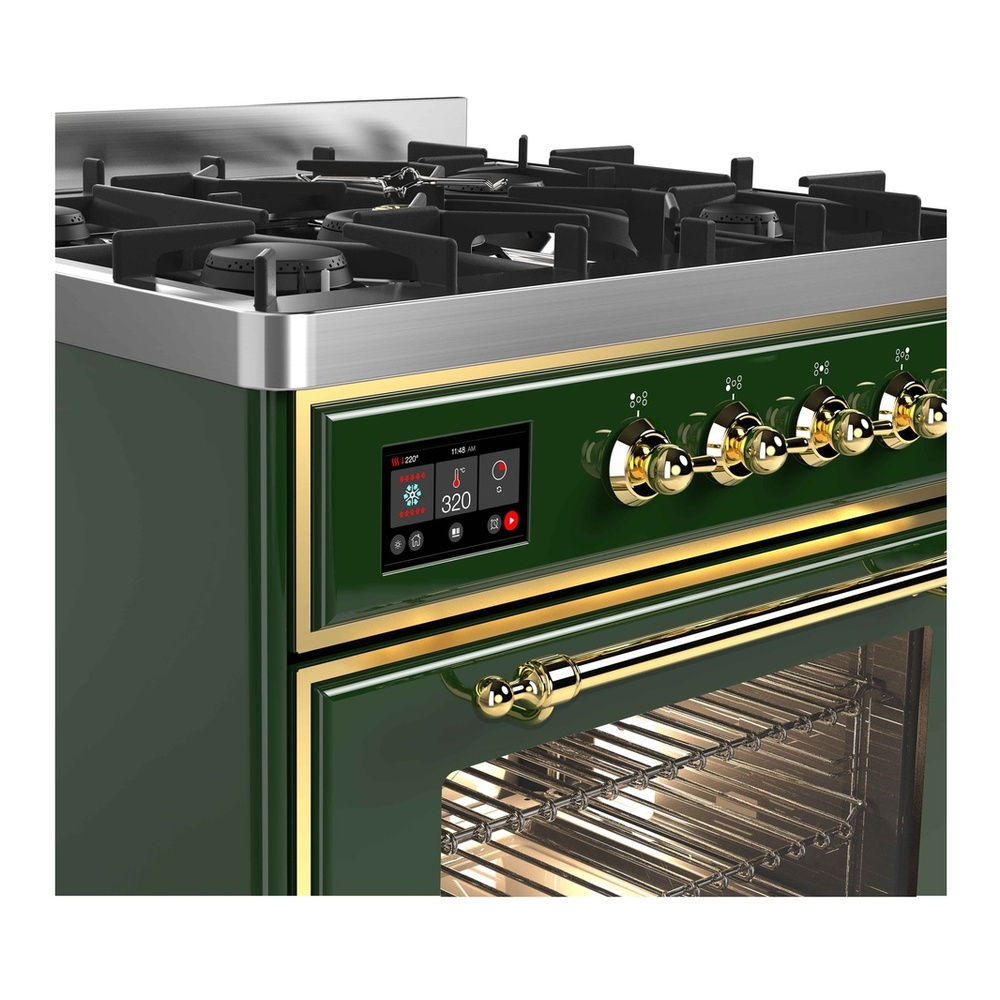 ILVE UM30DNE3EGG Majestic II 30 inch Dual Fuel Range with 5 Black Brass Burners (Natural Gas, Triple Glass Door, Emerald Green, Brass) 6 ILVE_UM30DNE3EGG_Majestic_II_30"_Dual_Fuel_Range_front