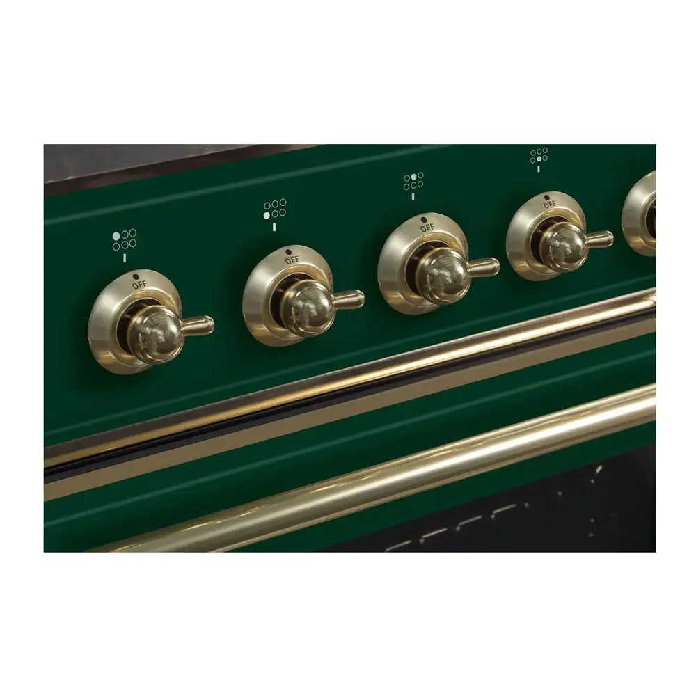 ILVE UM30DNE3EGG Majestic II 30 inch Dual Fuel Range with 5 Black Brass Burners (Natural Gas, Triple Glass Door, Emerald Green, Brass) 7 ILVE_UM30DNE3EGG_Majestic_II_30"_Dual_Fuel_Range_knobs