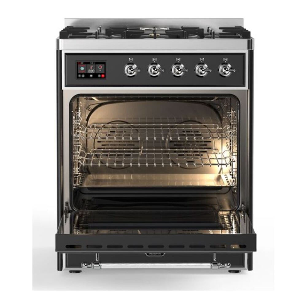 ILVE UM30DNE3MGCLP Majestic II 30 inch Dual Fuel Range with 5 Black Brass Burners (Liquid Propane, Triple Glass Door, Graphite Matte, Chrome) 6 ILVE_UM30DNE3MGCLP_Majestic_II_30"_Dual_Fuel_Range_oven_opened