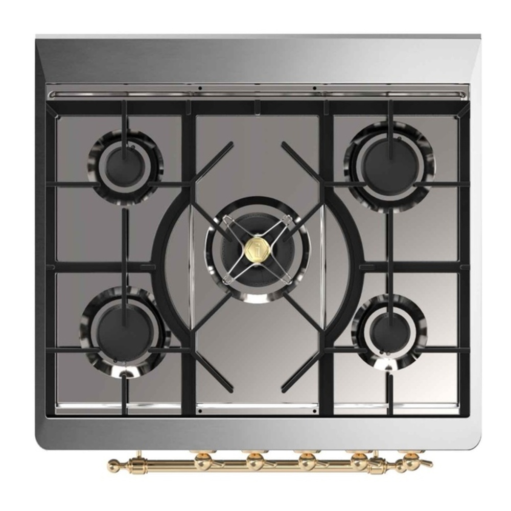 ILVE UM30DNE3RAG Majestic II 30 inch Dual Fuel Range with 5 Black Brass Burners (Natural Gas, Triple Glass Door, RAL, Brass) 6 ILVE_UM30DNE3RAG_Majestic_II_30"_Dual_Fuel_Range_Top_Angle