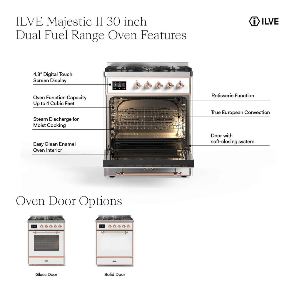 ILVE UM30DNE3RAG Majestic II 30 inch Dual Fuel Range with 5 Black Brass Burners (Natural Gas, Triple Glass Door, RAL, Brass) 3 ILVE Majestic 30 inch Range Overview