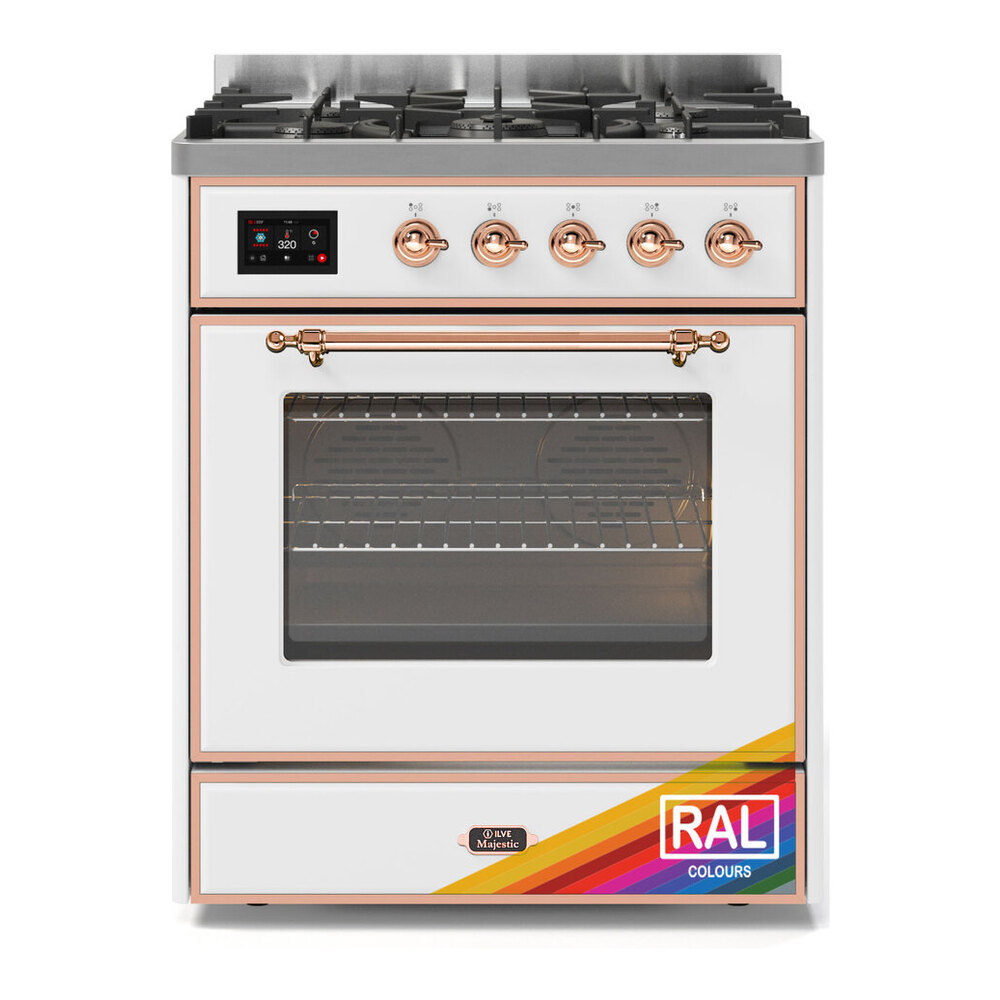 ILVE UM30DNE3RAPLP Majestic II 30 inch Dual Fuel Range with 5 Black Brass Burners (Liquid Propane, Triple Glass Door, RAL, Copper) 1 UM30DNE3RAPLP