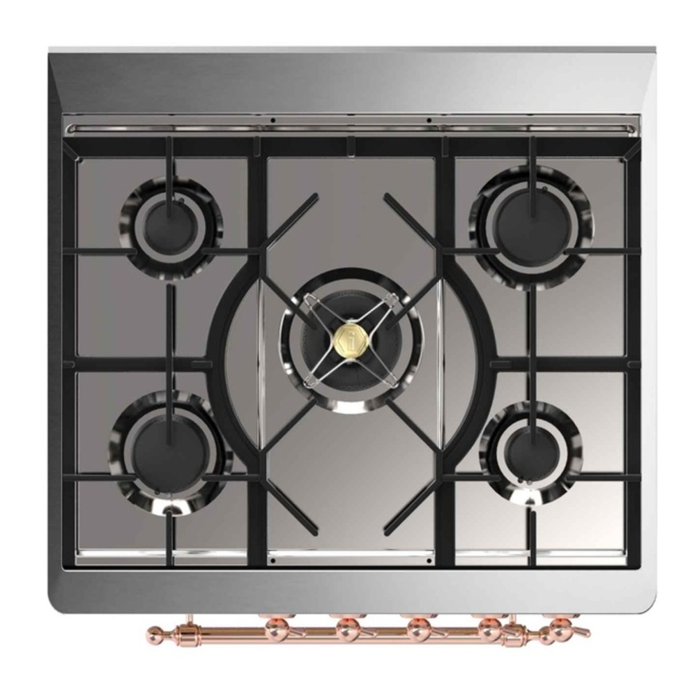 ILVE UM30DNE3RAP Majestic II 30 inch Dual Fuel Range with 5 Black Brass Burners (Natural Gas, Triple Glass Door, RAL, Copper) 6 ILVE_UM30DNE3RAP_Majestic_II_30"_Dual_Fuel_Range_Top_Angle
