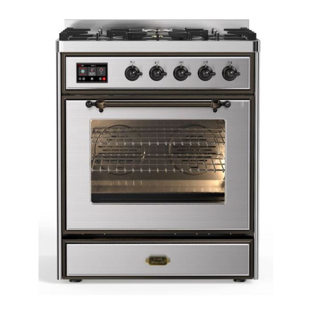 ILVE UM30DNE3SSBLP Majestic II 30 inch Dual Fuel Range with 5 Black Brass Burners (Liquid Propane, Triple Glass Door, Stainless Steel, Burnished) 1 UM30DNE3SSBLP