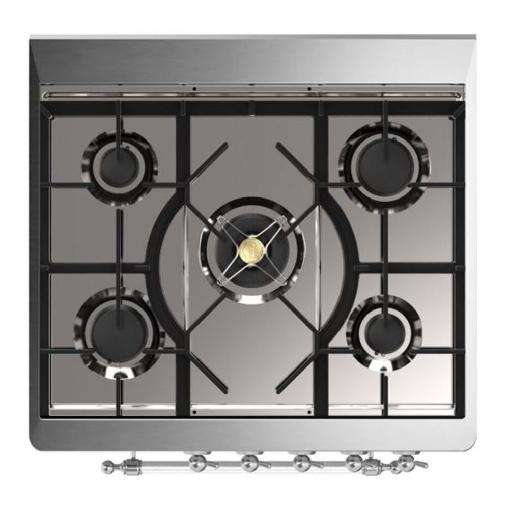 ILVE UM30DNE3SSCLP Majestic II 30 inch Dual Fuel Range with 5 Black Brass Burners (Liquid Propane, Triple Glass Door, Stainless Steel, Chrome) 8 ILVE_UM30DNE3SSCLP_Majestic_II_30"_Dual_Fuel_Range_Top_Angle