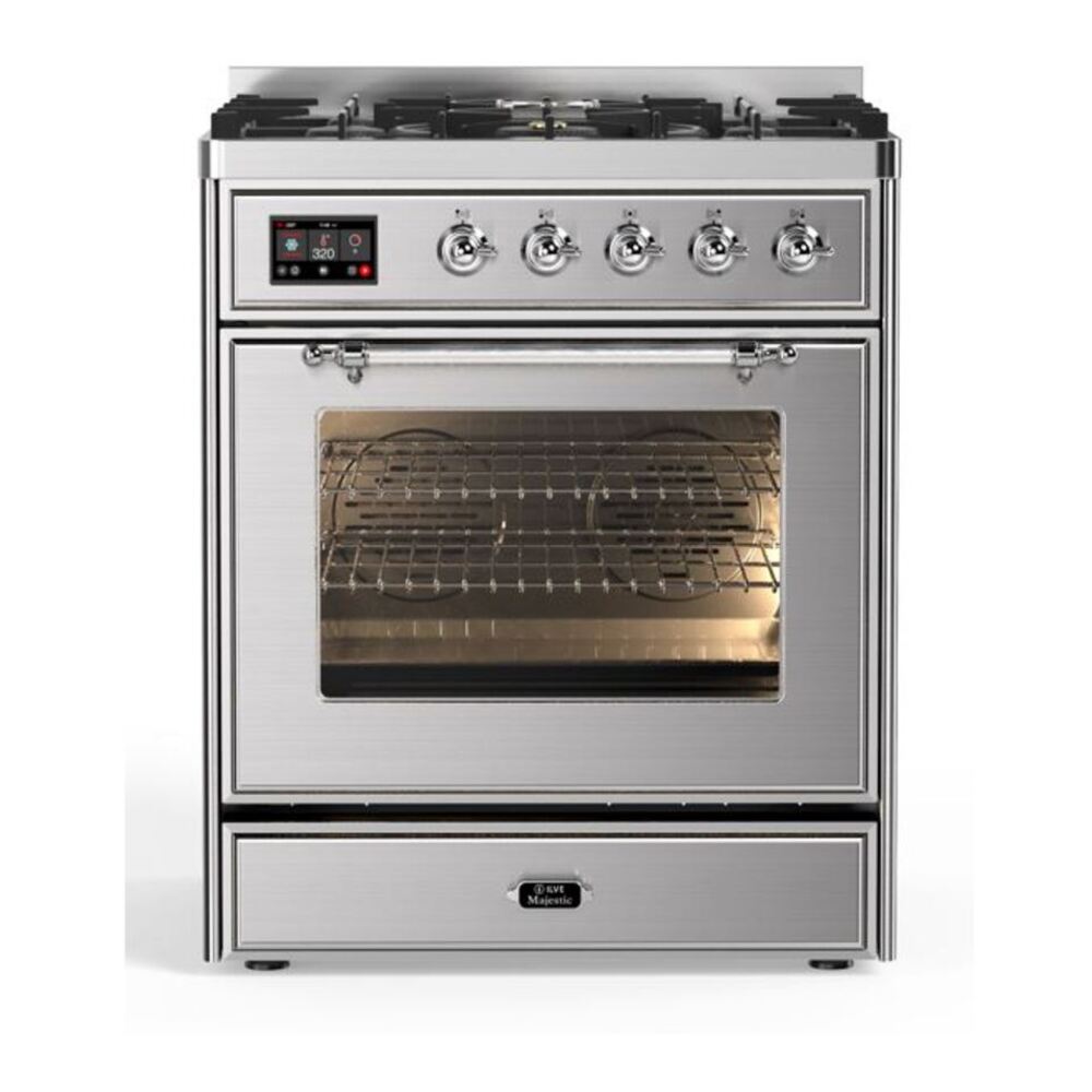 ILVE UM30DNE3SSC Majestic II 30 inch Dual Fuel Range with 5 Black Brass Burners (Natural Gas, Triple Glass Door, Stainless Steel, Chrome) 1 UM30DNE3SSC