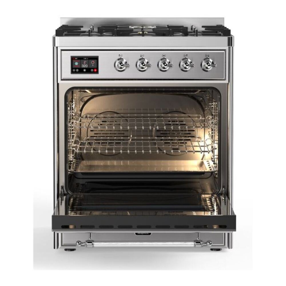 ILVE UM30DNE3SSC Majestic II 30 inch Dual Fuel Range with 5 Black Brass Burners (Natural Gas, Triple Glass Door, Stainless Steel, Chrome) 6 ILVE_UM30DNE3SSC_Majestic_II_30"_Dual_Fuel_Range_front