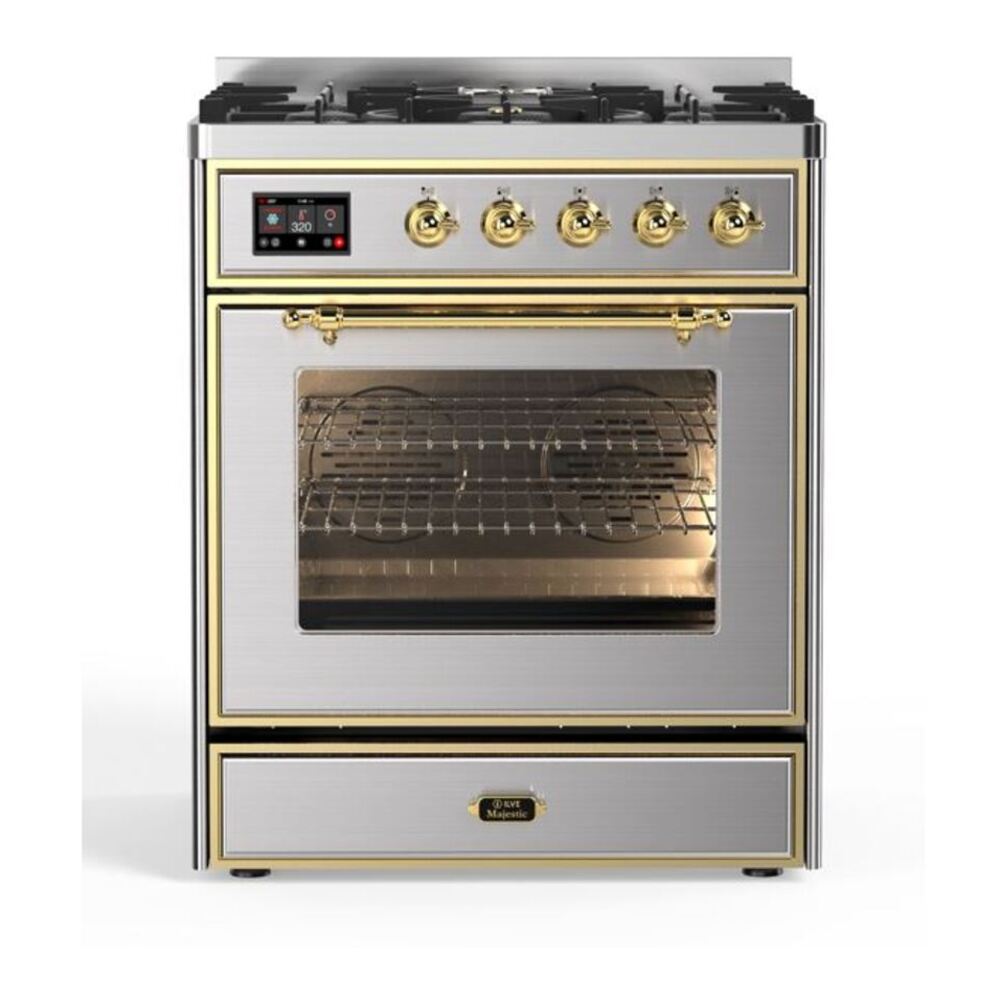 ILVE UM30DNE3SSGLP Majestic II 30 inch Dual Fuel Range with 5 Black Brass Burners (Liquid Propane, Triple Glass Door, Stainless Steel, Brass) 1 UM30DNE3SSGLP