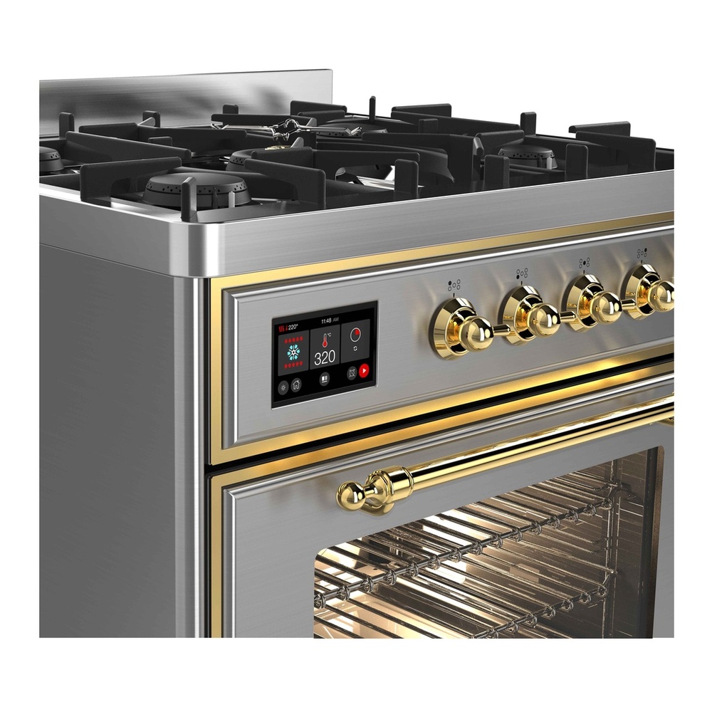 ILVE UM30DNE3SSG Majestic II 30 inch Dual Fuel Range with 5 Black Brass Burners (Natural Gas, Triple Glass Door, Stainless Steel, Brass) 6 ILVE_UM30DNE3SSG_Majestic_II_30"_Dual_Fuel_Range_front