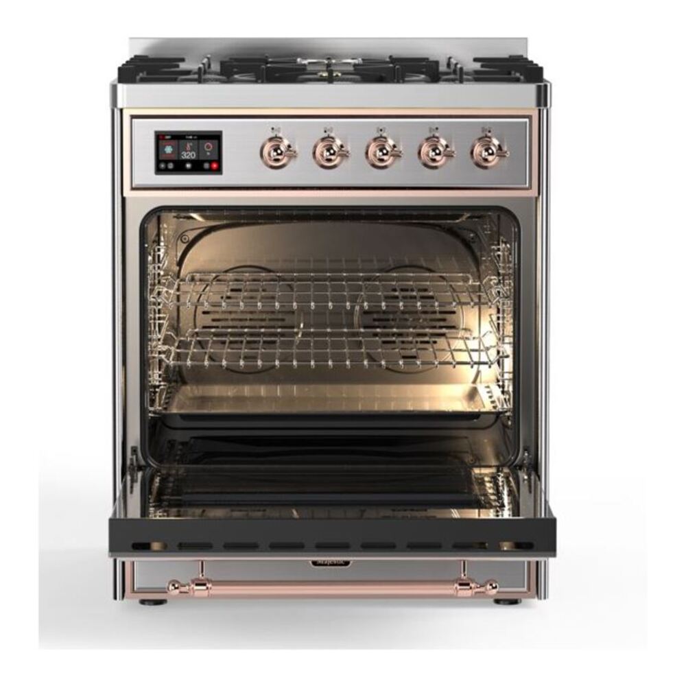 ILVE UM30DNE3SSPLP Majestic II 30 inch Dual Fuel Range with 5 Black Brass Burners (Liquid Propane, Triple Glass Door, Stainless Steel, Copper) 5 ILVE_UM30DNE3SSPLP_Majestic_II_30"_Dual_Fuel_Range_Front_View