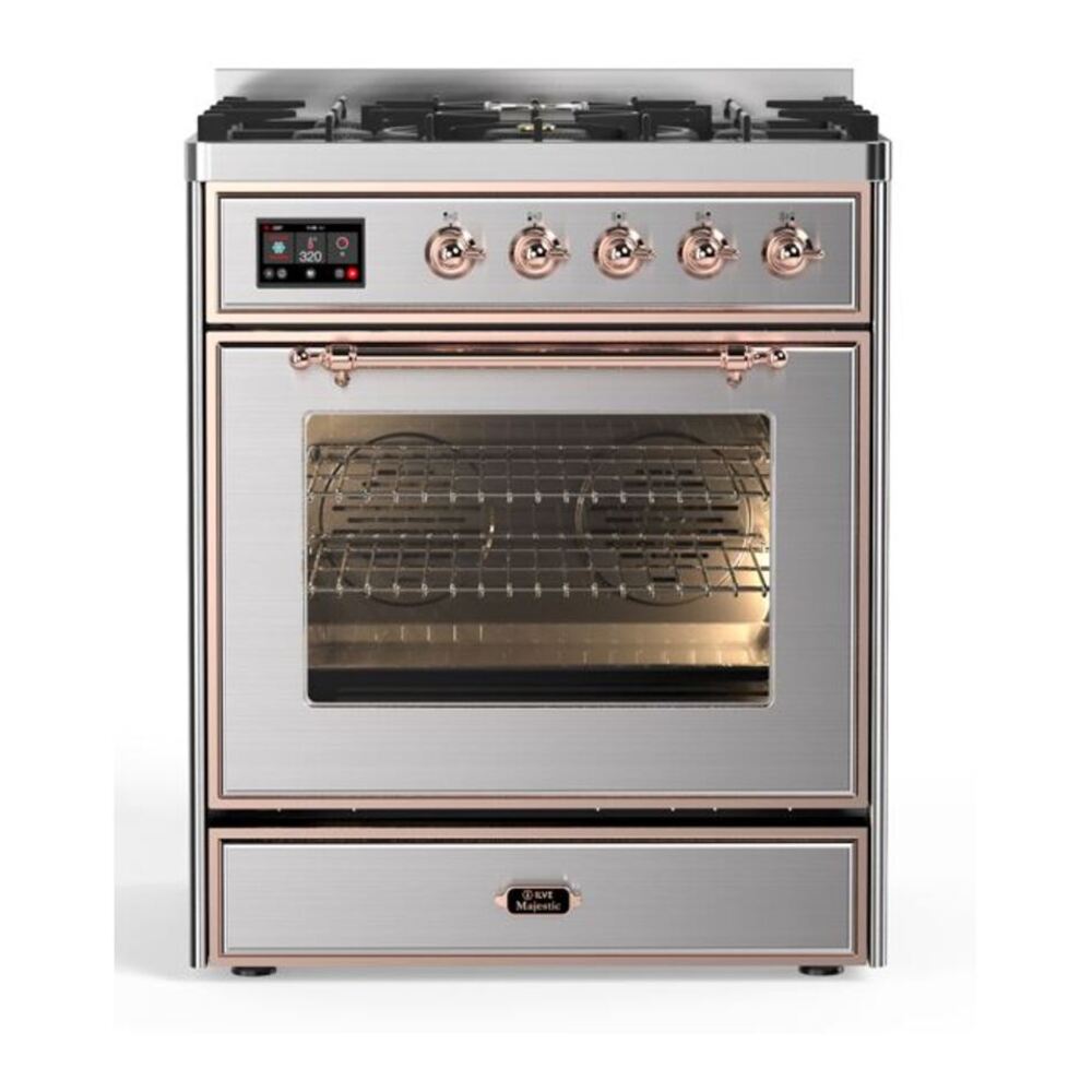 ILVE UM30DNE3SSP Majestic II 30 inch Dual Fuel Range with 5 Black Brass Burners (Natural Gas, Triple Glass Door, Stainless Steel, Copper) 1 UM30DNE3SSP