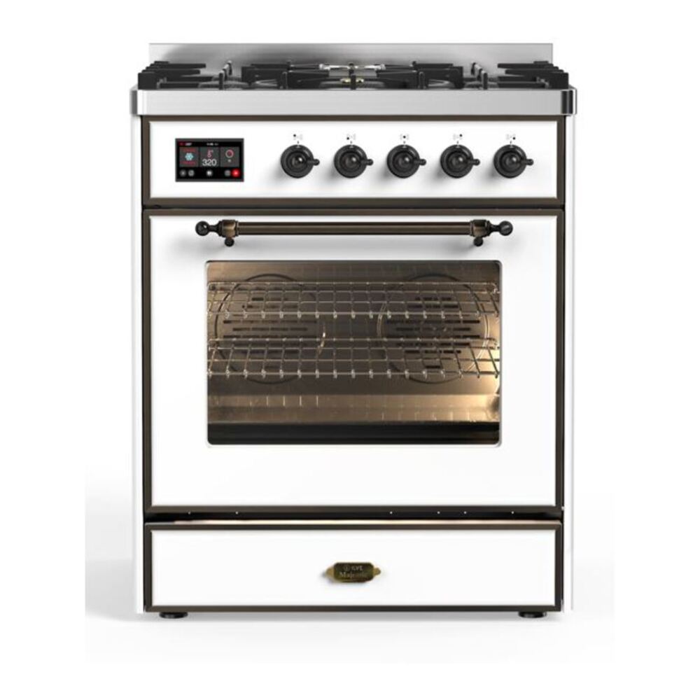 ILVE UM30DNE3WHB Majestic II 30 inch Dual Fuel Range with 5 Black Brass Burners (Natural Gas, Triple Glass Door, White, Burnished) 1 UM30DNE3WHB