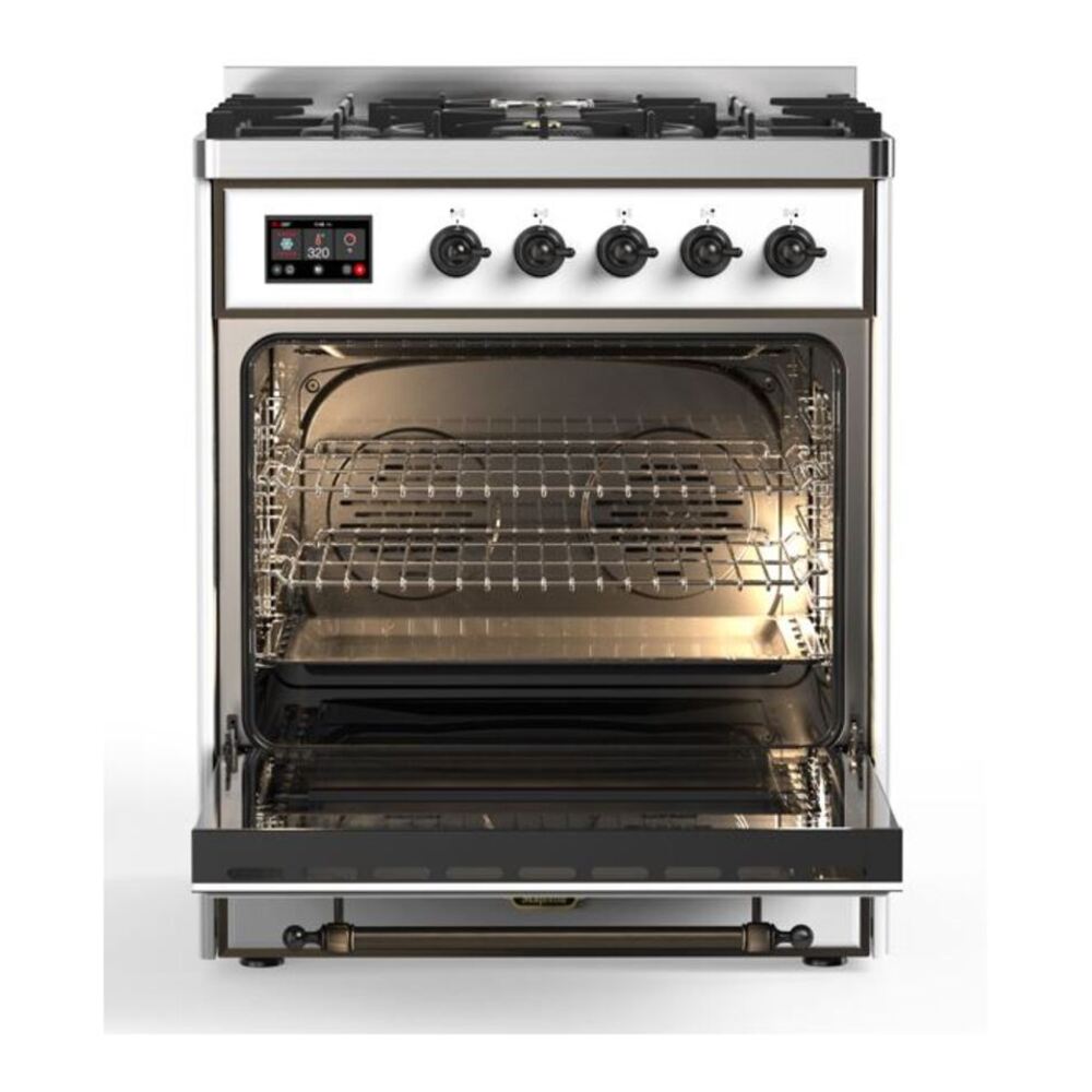 ILVE UM30DNE3WHB Majestic II 30 inch Dual Fuel Range with 5 Black Brass Burners (Natural Gas, Triple Glass Door, White, Burnished) 5 ILVE_UM30DNE3WHB_Majestic_II_30_Dual_Fuel_Range_Front_View