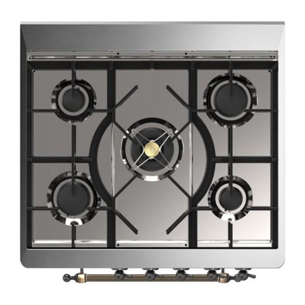ILVE UM30DNE3WHB Majestic II 30 inch Dual Fuel Range with 5 Black Brass Burners (Natural Gas, Triple Glass Door, White, Burnished) 7 ILVE_UM30DNE3WHB_Majestic_II_30_Dual_Fuel_Range_Top_Angle