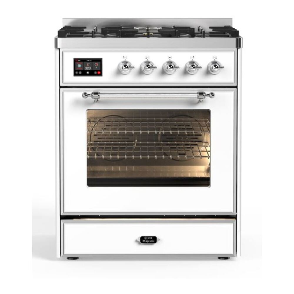 ILVE UM30DNE3WHCLP Majestic II 30 inch Dual Fuel Range with 5 Black Brass Burners (Liquid Propane, Triple Glass Door, White, Chrome) 1 UM30DNE3WHCLP