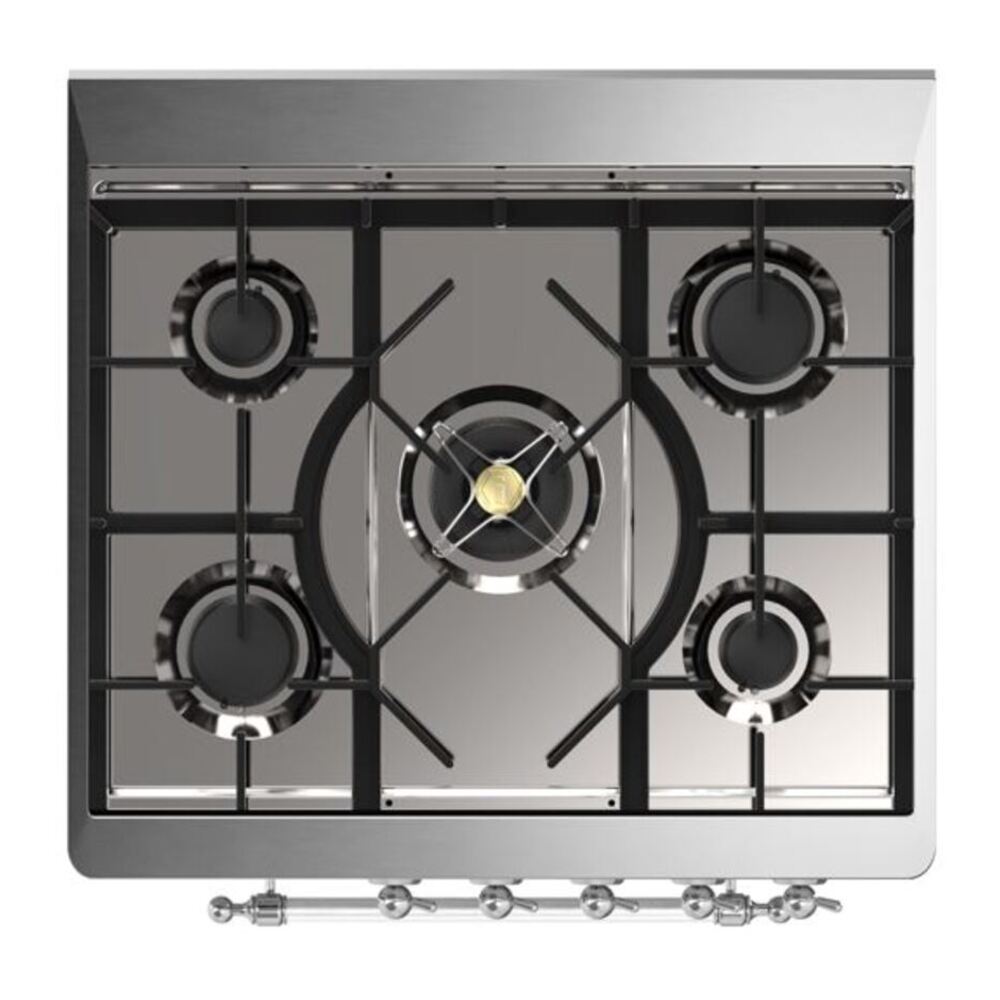 ILVE UM30DNE3WHC Majestic II 30 inch Dual Fuel Range with 5 Black Brass Burners (Natural Gas, Triple Glass Door, White, Chrome) 8 ILVE_UM30DNE3WHC_Majestic_II_30_Dual_Fuel_Range_Top_Angle