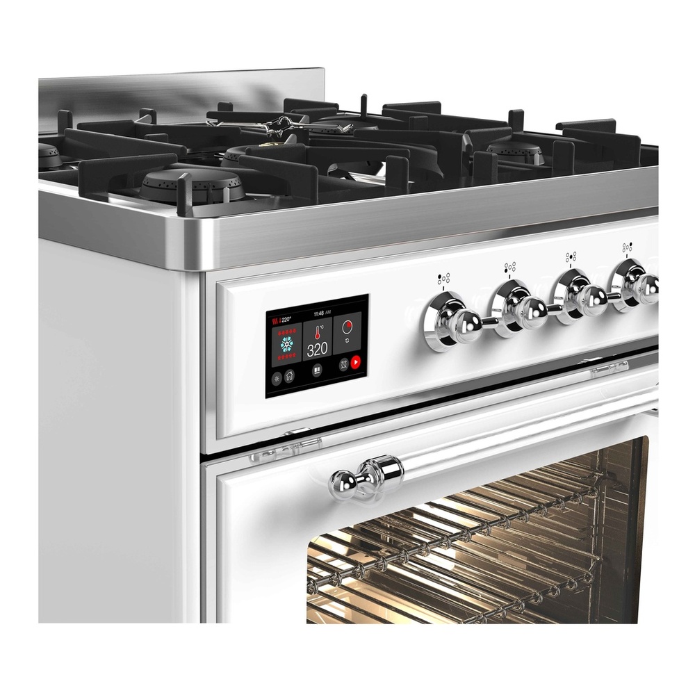 ILVE UM30DNE3WHC Majestic II 30 inch Dual Fuel Range with 5 Black Brass Burners (Natural Gas, Triple Glass Door, White, Chrome) 6 ILVE_UM30DNE3WHC_Majestic_II_30"_Dual_Fuel_Range_front
