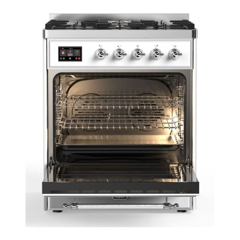 ILVE UM30DNE3WHC Majestic II 30 inch Dual Fuel Range with 5 Black Brass Burners (Natural Gas, Triple Glass Door, White, Chrome) 5 ILVE_UM30DNE3WHC_Majestic_II_30"_Dual_Fuel_Range_oven_opened