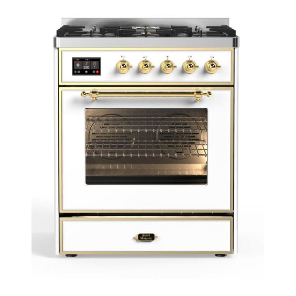 ILVE UM30DNE3WHGLP Majestic II 30 inch Dual Fuel Range with 5 Black Brass Burners (Liquid Propane, Triple Glass Door, White, Brass) 1 UM30DNE3WHGLP