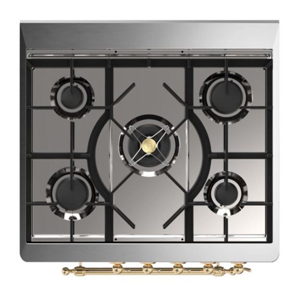 ILVE UM30DNE3WHGLP Majestic II 30 inch Dual Fuel Range with 5 Black Brass Burners (Liquid Propane, Triple Glass Door, White, Brass) 9 ILVE_UM30DNE3WHGLP_Majestic_II_30"_Dual_Fuel_Range_Top_Angle