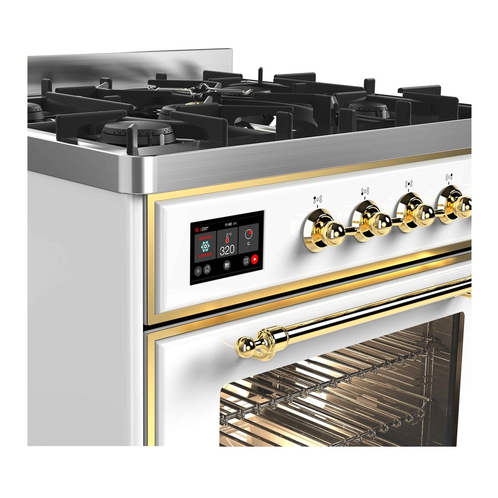 ILVE UM30DNE3WHG Majestic II 30 inch Dual Fuel Range with 5 Black Brass Burners (Natural Gas, Triple Glass Door, White, Brass) 7 ILVE_UM30DNE3WHG_Majestic_II_30"_Dual_Fuel_Range_front