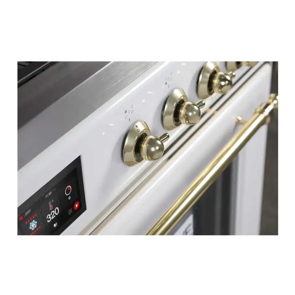 ILVE UM30DNE3WHG Majestic II 30 inch Dual Fuel Range with 5 Black Brass Burners (Natural Gas, Triple Glass Door, White, Brass) 8 ILVE_UM30DNE3WHG_Majestic_II_30"_Dual_Fuel_Range_controls